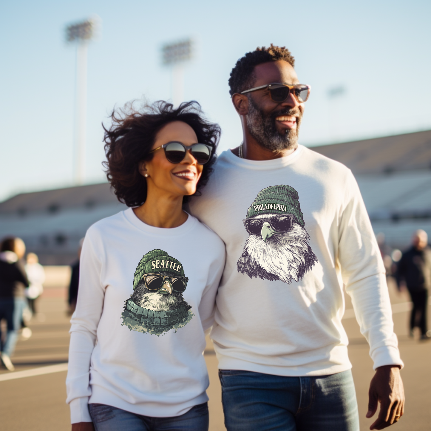 A married couple wearing white sweatshirts with opposing teams on them standing outside.