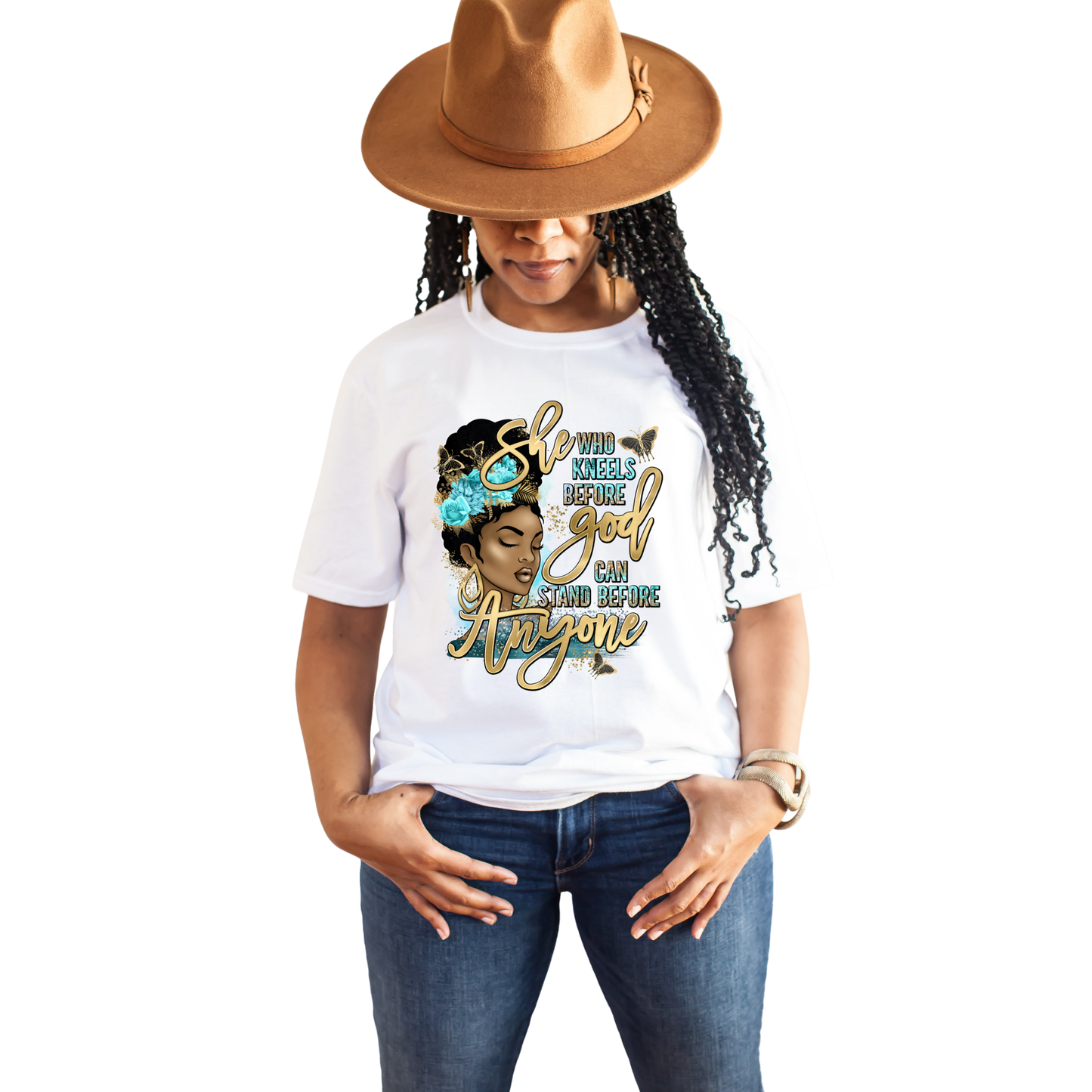 She Who Kneels before God T-Shirt Custom T-Shirt Bambi Rae Collections Small Turquoise and Gold