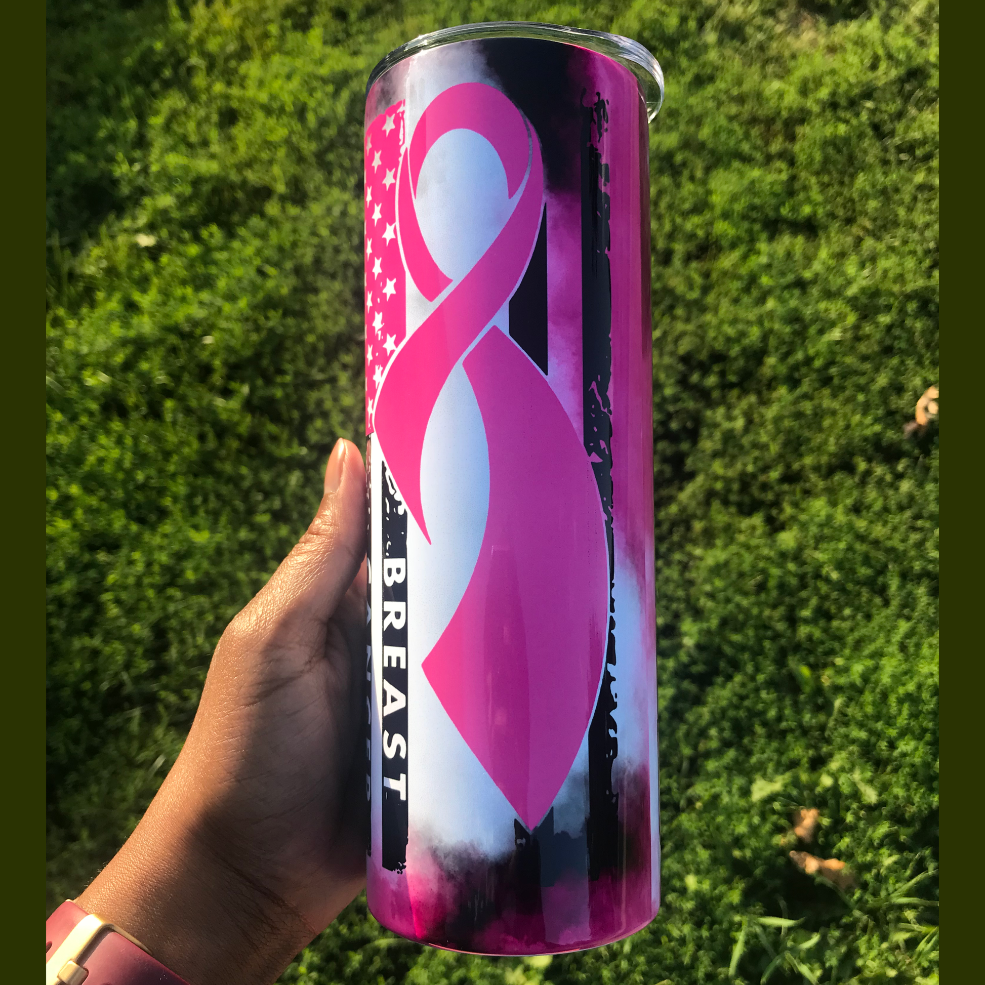 Breast Cancer Warrior Pink & White Flag Tumbler Custom Tumblers Bambi Rae Collections   