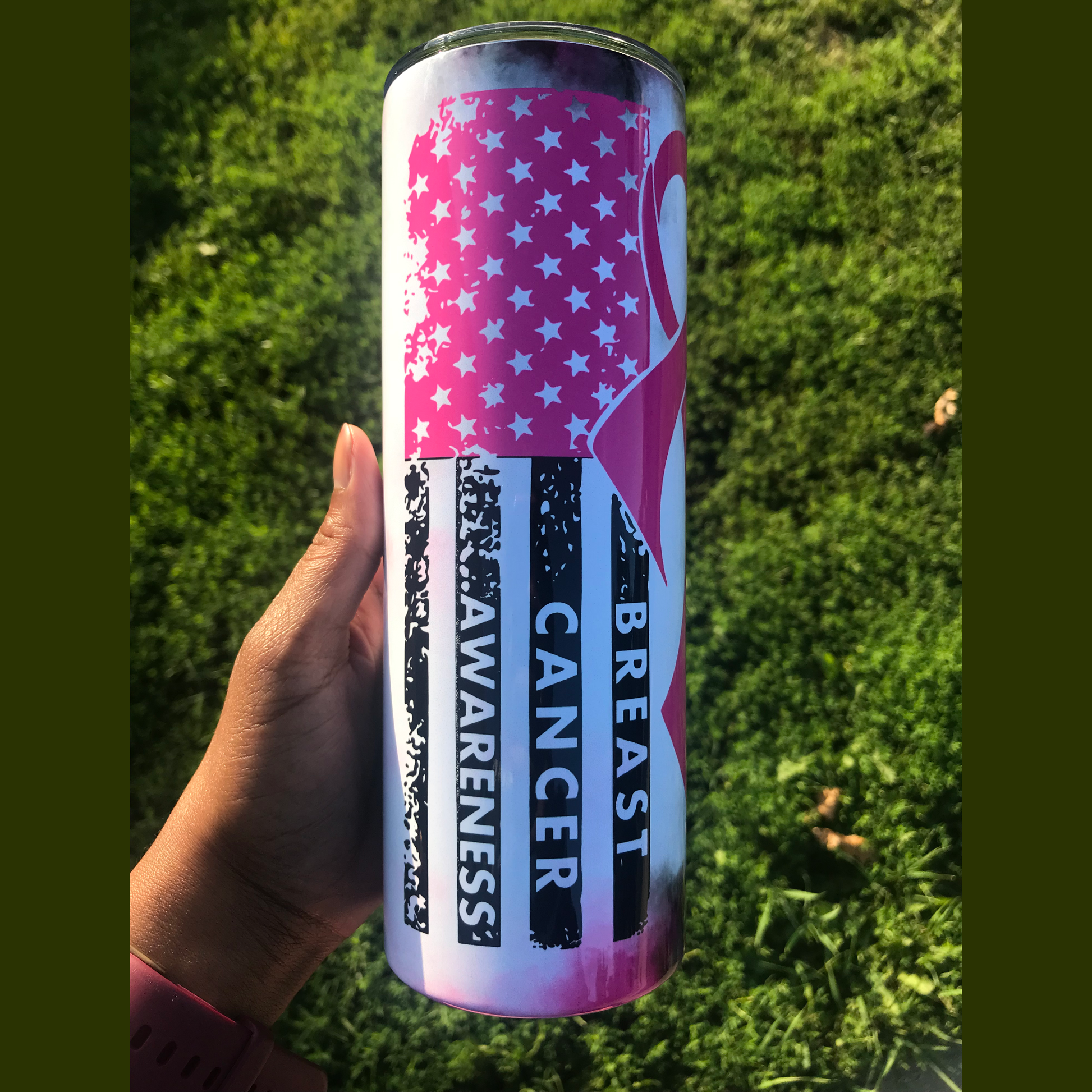 Breast Cancer Warrior Pink & White Flag Tumbler Custom Tumblers Bambi Rae Collections   