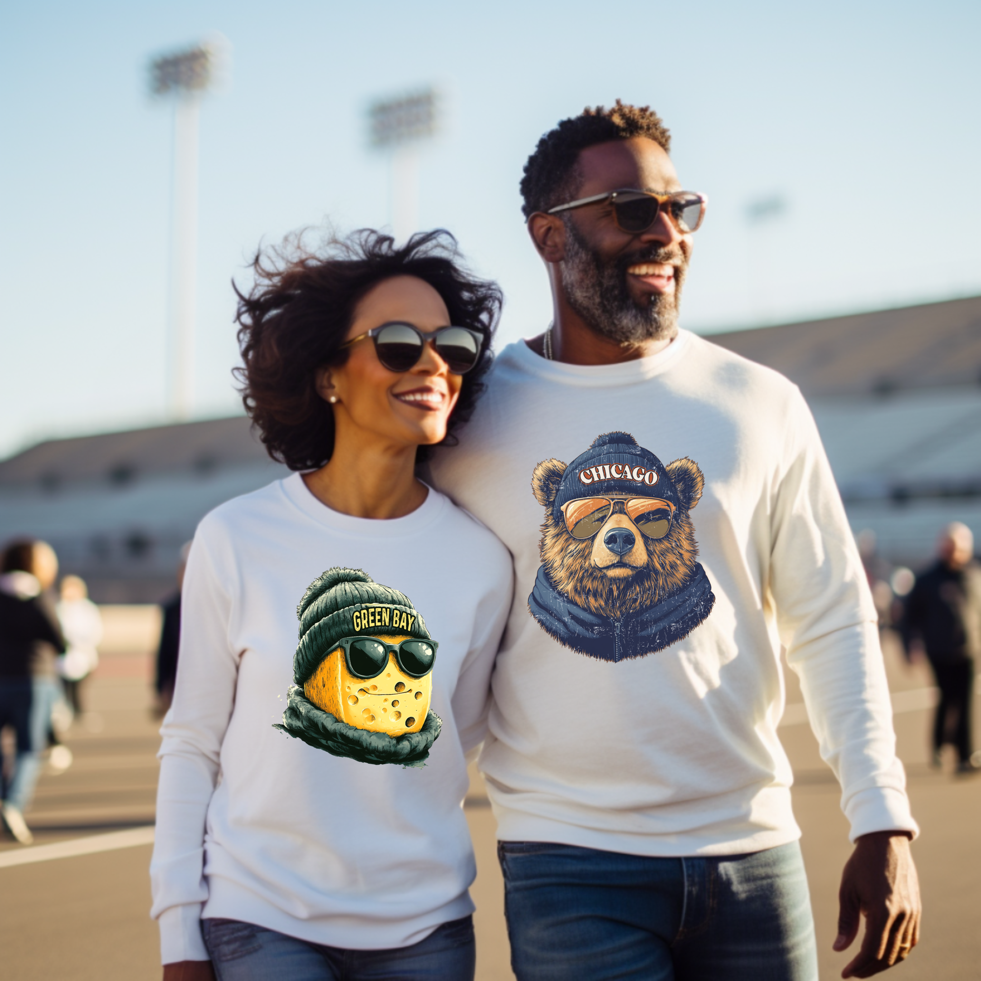 A married couple wearing sweatshirts with opposing teams on them standing outdoors.