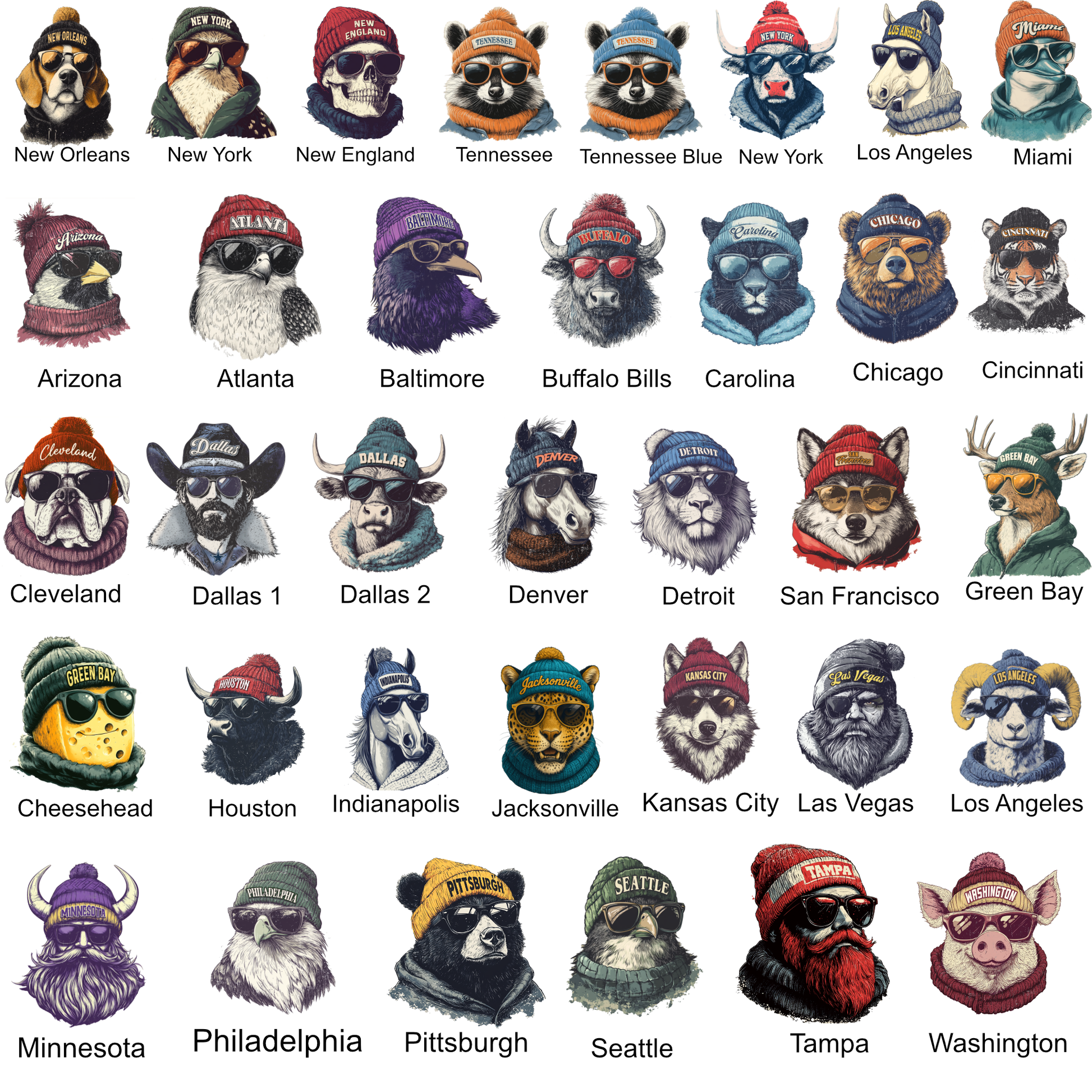Collection of animal heads wearing hats with various city and sports team names.