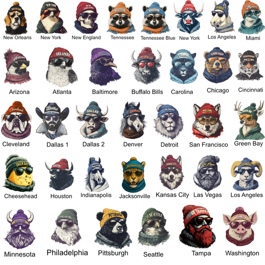 Collection of animal heads wearing hats with various city and sports team names.