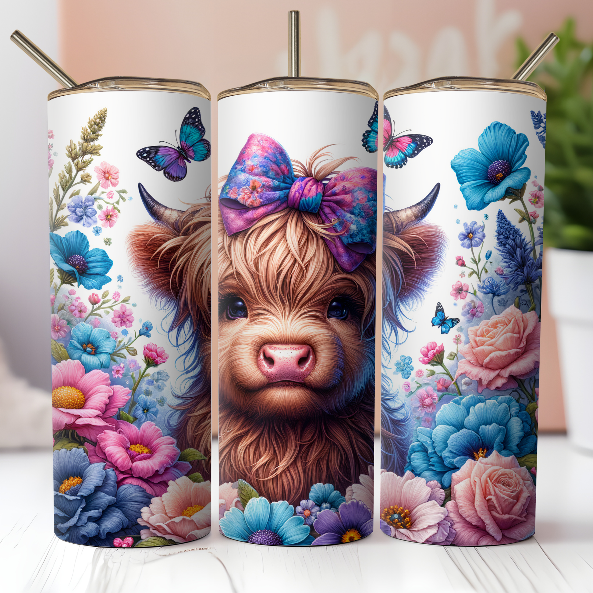 Floral Highland Cow Tumbler Custom Tumbler Bambi Rae Collections   