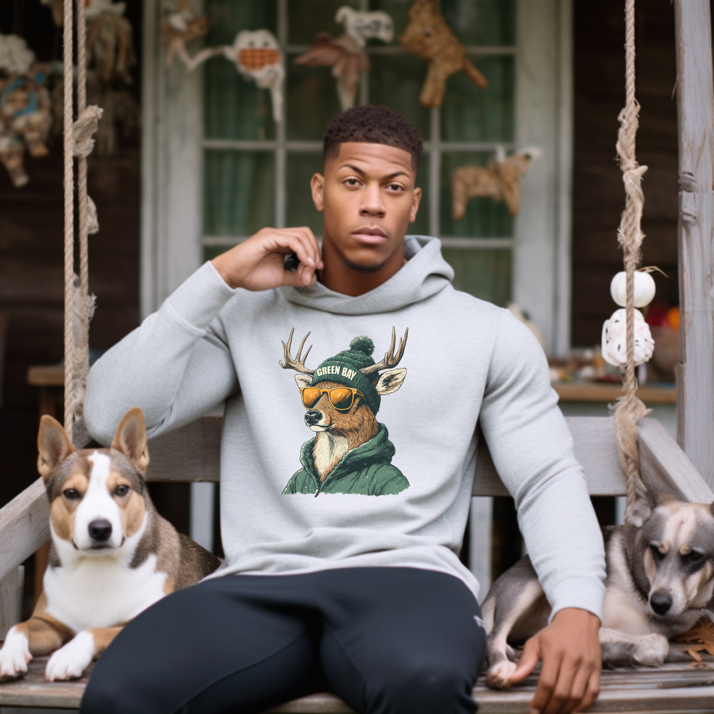 Man wearing a hoodie with a deer graphic sitting on a porch with two dogs.