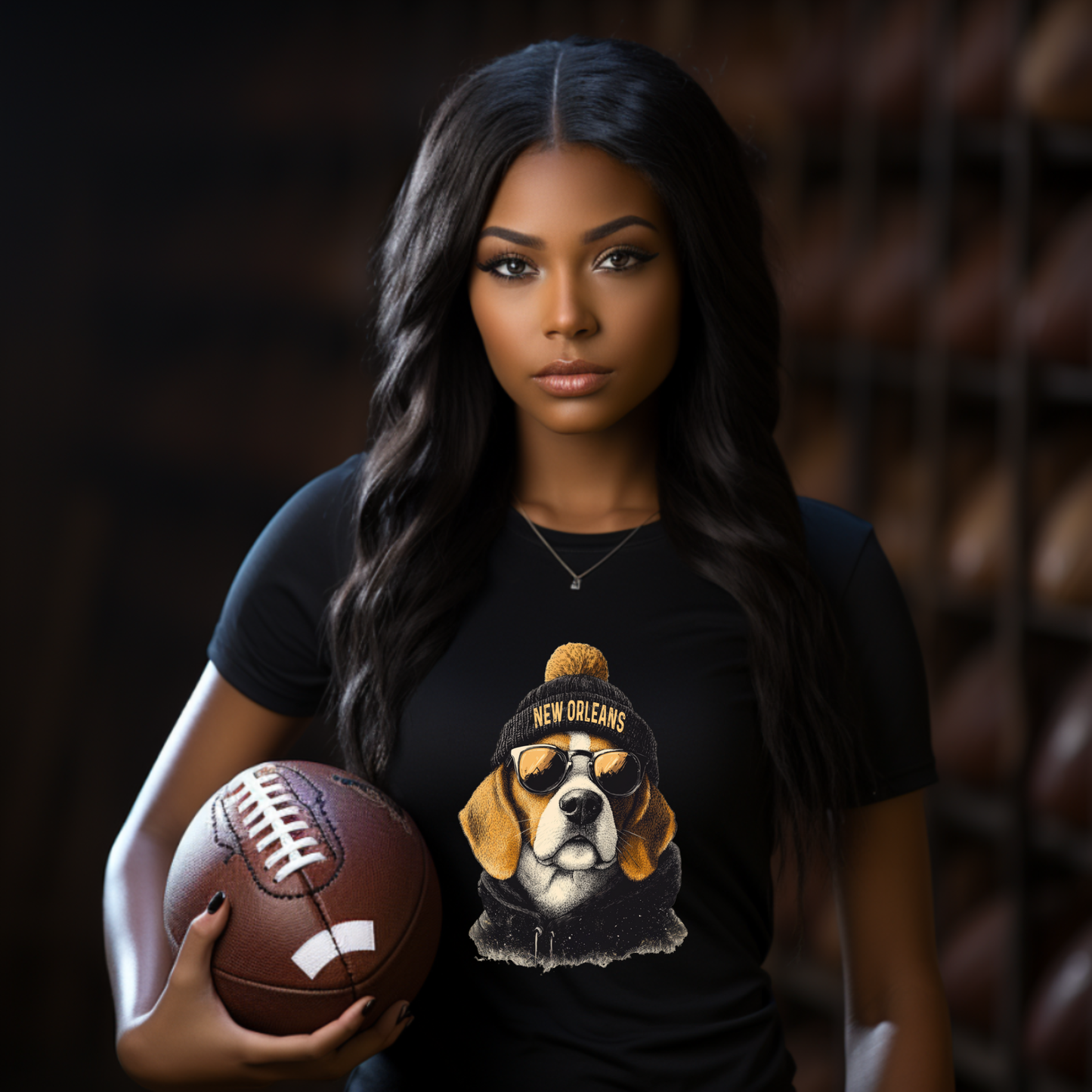 Woman wearing a black t-shirt with a New Orleans dog graphic and holding a football against a dark background