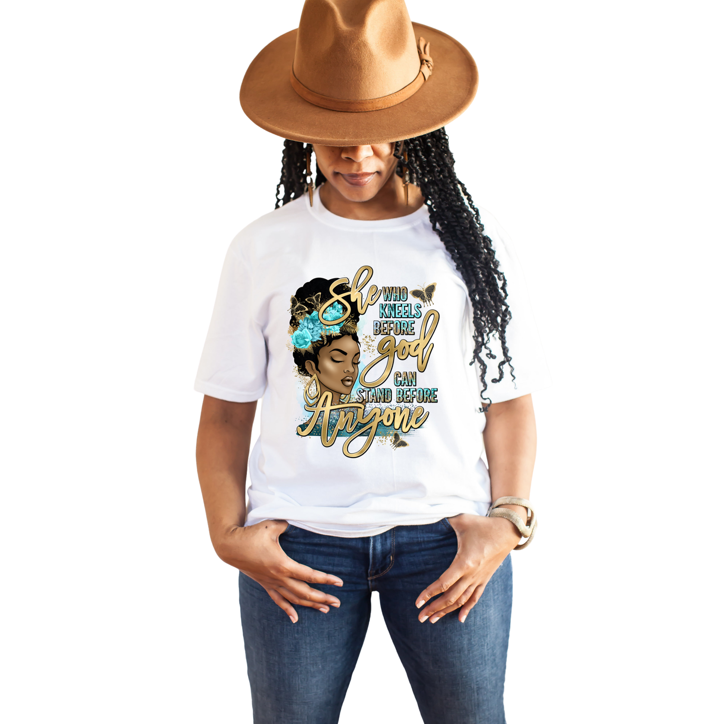 She Who Kneels before God T-Shirt Custom T-Shirt Bambi Rae Collections Small Turquoise and Gold 
